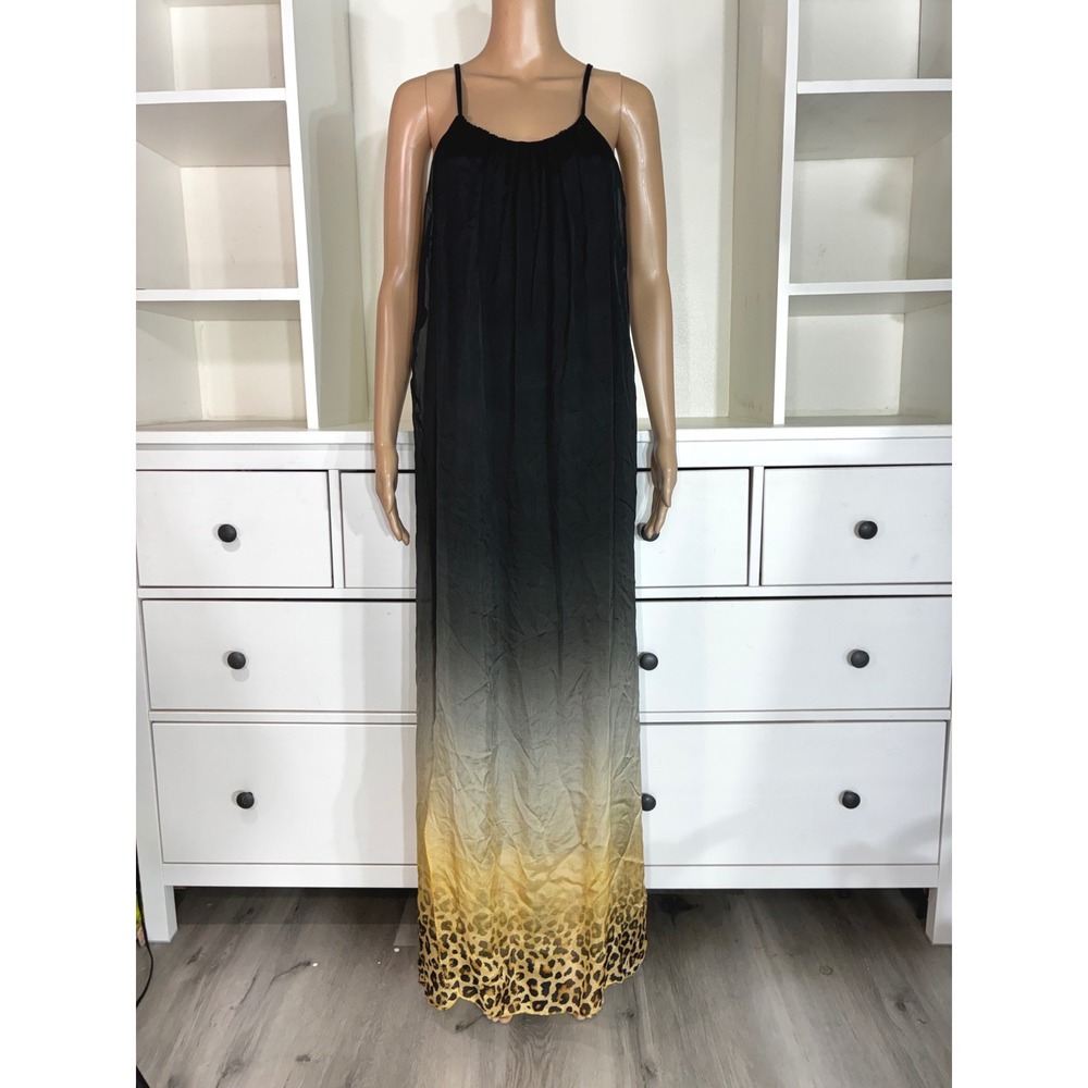 Scandal Italy Silk Blend Ombre Leopard Print Maxi Dress Black Yellow Tan